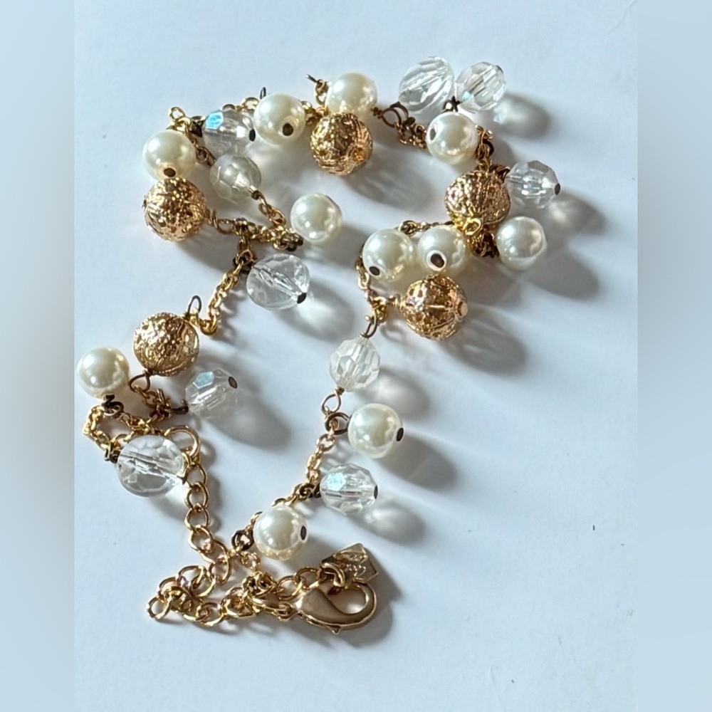 👑 Cookie Lee Faux Pearl Faceted Beads Gold Tone Necklace